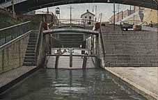 Canal Boat coming through Locks at Lockport, N.Y.